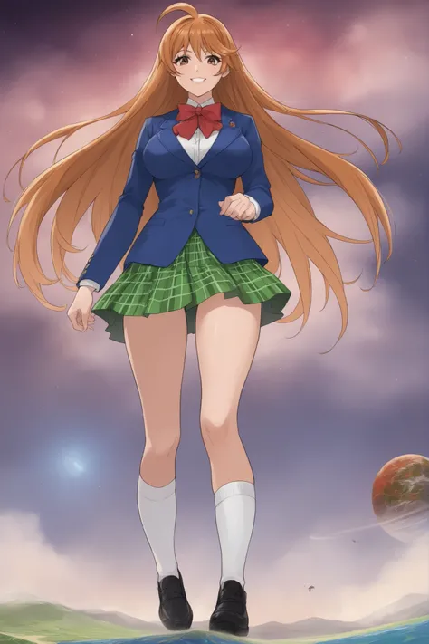 best quality,masterpiece,looking at viewer,absurdres,1girl,score_9,score_8_up,score_7_up,source_anime BREAK natsume aya,orange hair,long hair,brown eyes,ahoge,breasts,white ,skirt,bow,plaid,large breasts,jacket, plaid, green plaid skirt, blue blazer, evil...