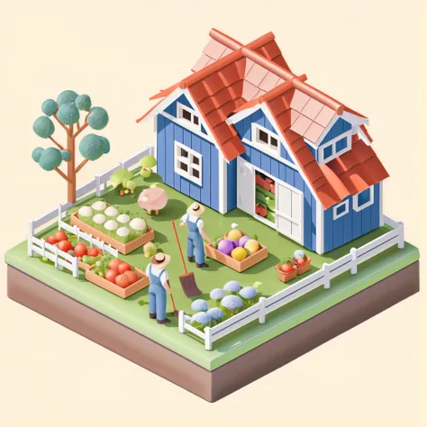 xiaofangzi, solid background , Cleaning , small farm，Isometric