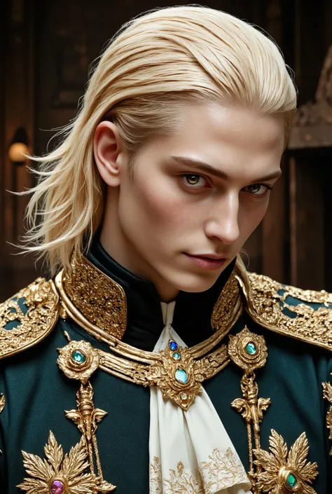  mullet hairstyleの絶世美男子((beautiful mullet hairstyle blonde))is a man with smooth white skin, a very thin chin, and clean thin cheeks((very very big golden slant eyes))is a man who is very thin and skinny((White-skinned 25-year-old man with smooth chin１The ...