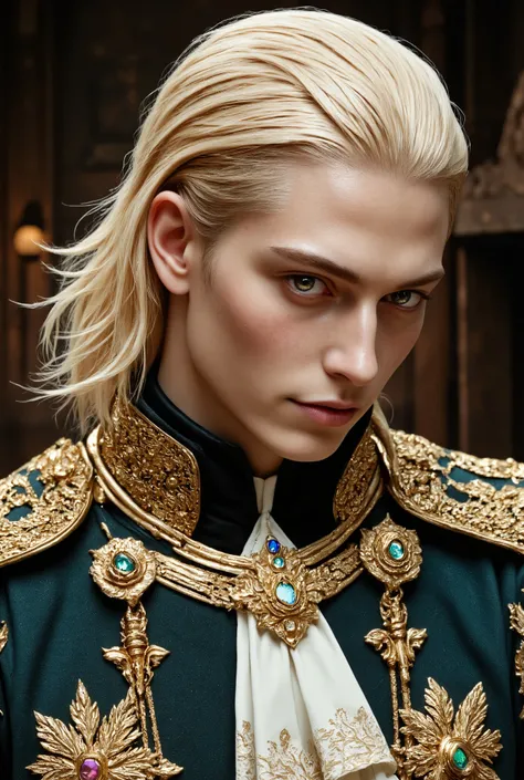  mullet hairstyleの絶世美男子((beautiful mullet hairstyle blonde))is a man with smooth white skin, a very thin chin, and clean thin cheeks((very very big golden slant eyes))VERY SLIM AND TINY MAN((White-skinned 25-year-old man with smooth chin１The person smirk))...