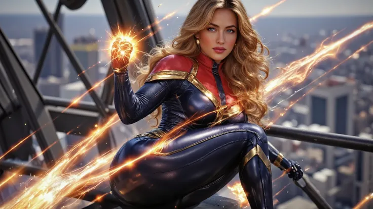 high quality, 4k, ultra-detailed, realistic, masterpiece, photorealistic, marvel comics character, ms marvel, long hair, confident expression, heroic pose, flying in the air, energy effects, city skyline background, glowing energy powers, cinematic lighti...