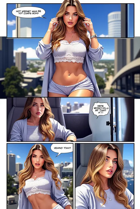 (detailed realistic,4k,highres,masterpiece:1.2),modern multi-panel superhero comic,empty speech bubbles,page of a superhero comic book,detailed illustrations,physically-based rendering,ultra-fine painting,professional,vivid colors,Izabela dialogue
