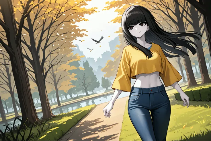 masterpiece, best quality, newest, rryo, 1girl,black eyes, red pupils, hime cut, long hair, black hair, pale skin, blue top, cropped top, yellow top, jeans, walking, park, dutch angle, leafs floating around, hair is floating in the wind, grass, trees, bird...