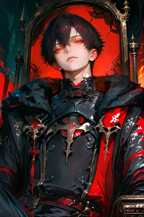 masterpiece, best quality, Detailed Eyes, boy, male, handsome, fantasy, red eye, shortcut black hair, semi realistic, 8k, black medieval suit with crimson color accessories, looking at viewer, emotionless face, solo character, half body, sitting one throne