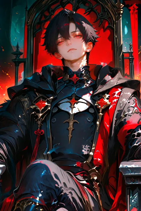 masterpiece, best quality, Detailed Eyes, boy, male, handsome, fantasy, red eye, shortcut black hair, semi realistic, 8k, black medieval suit with crimson color accessories, looking at viewer, emotionless face, solo character, half body, sitting one throne...