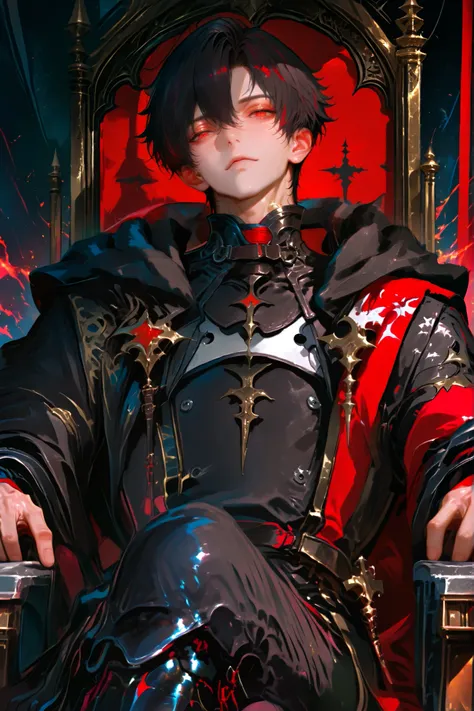masterpiece, best quality, Detailed Eyes, boy, male, handsome, fantasy, red eye, shortcut black hair, semi realistic, 8k, black medieval suit with crimson color accessories, looking at viewer, emotionless face, solo character, half body, sitting one throne...