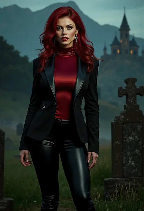 full body beautiful sensual sexy cool girl slightly open ((huge vampire fangs)) muscular body red wavy long hair emerald green eyes, white skin, red lips, round face full red lips high arched eyebrows thin waist long shapely legs full breasts broad should...