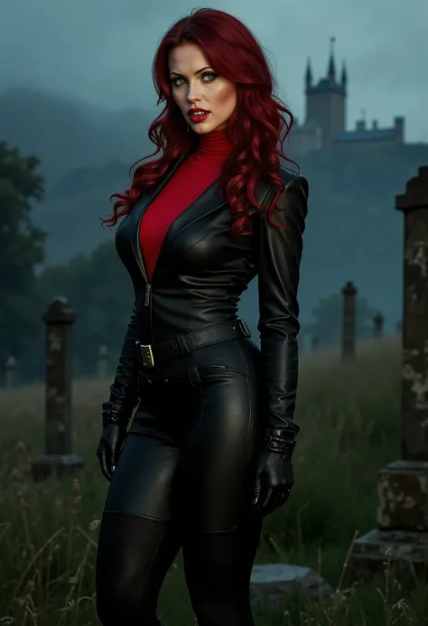 full body beautiful sensual sexy cool girl slightly open ((huge vampire fangs)) muscular body red wavy long hair emerald green eyes, white skin, red lips, round face full red lips high arched eyebrows thin waist long shapely legs full breasts broad should...