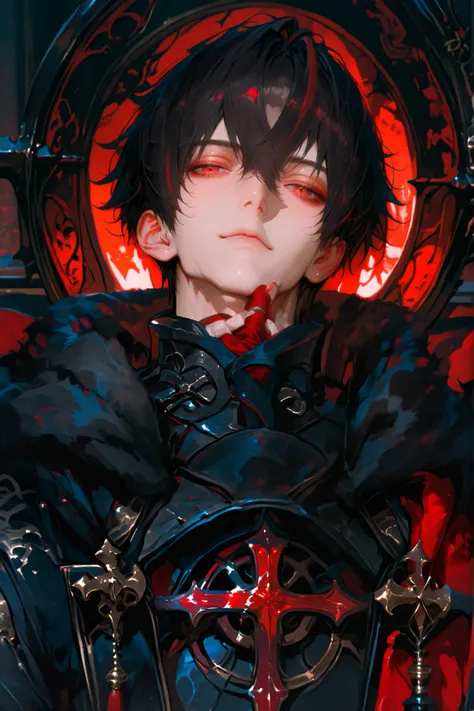 masterpiece, best quality, Detailed Eyes, boy, male, handsome, fantasy, red eye, shortcut black hair, semi realistic, black medieval suit with crimson color accessories, looking at viewer, emotionless face, solo character, resting him chin on the right han...