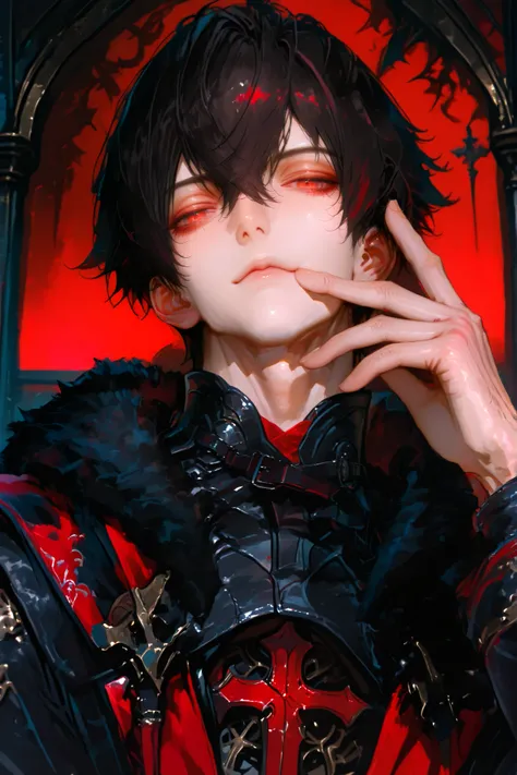 masterpiece, best quality, Detailed Eyes, boy, male, handsome, fantasy, red eye, shortcut black hair, semi realistic, black medieval suit with crimson color accessories, looking at viewer, emotionless face, solo character, resting him chin on the right han...