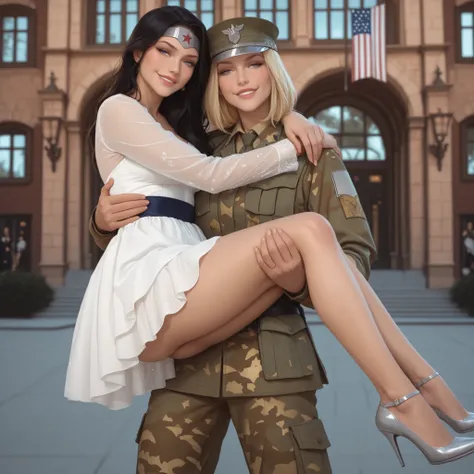 2girls, a blonde woman soldier is carrying wonder woman who is wearing a short white dress and silver high heels, expressive, seductive smile,  princess carry