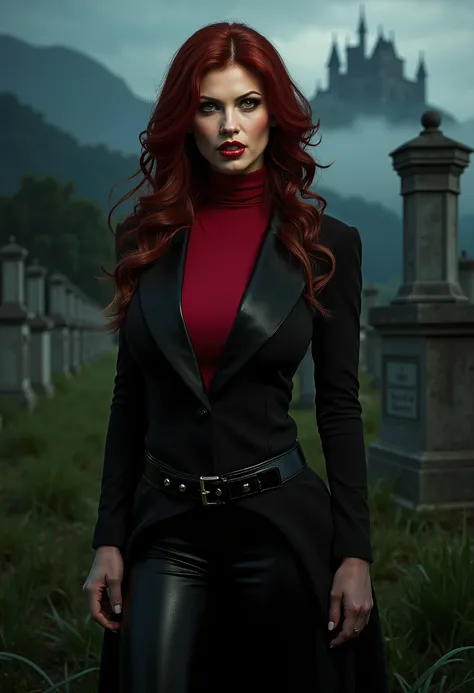 full body beautiful sensual sexy cool girl slightly open ((huge vampire fangs)) muscular body red wavy long hair emerald green eyes, white skin, red lips, round face full red lips high arched eyebrows thin waist long shapely legs full breasts broad should...