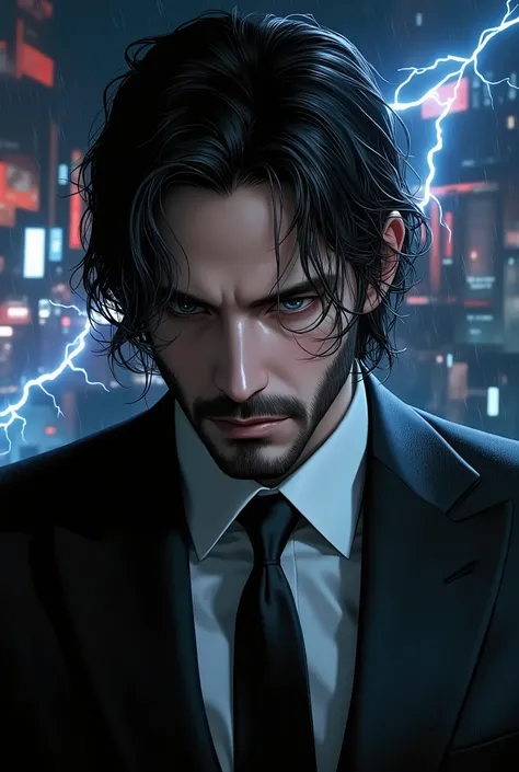 John Wick， 8,000, complex, Elegant, Highly Detailed, majestic, Digital photography, Surrealist Painting, Defeat Magic, Winding Lightning , (  masterpiece , Side Light, delicate and beautiful eyes: 1.2), HDR, (shiny blue eyes)), bare upper body , able, musc...