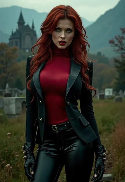 full body beautiful sensual sexy cool girl slightly open ((huge vampire fangs)) muscular body red wavy long hair emerald green eyes, white skin, red lips, round face full red lips high arched eyebrows thin waist long shapely legs full breasts broad should...