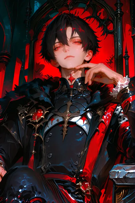 masterpiece, best quality, Detailed Eyes, boy, male, handsome, fantasy, red eye, shortcut black hair, semi realistic, 8k, black medieval suit with crimson color accessories, looking at viewer, emotionless face, solo character, half body, sitting one throne...