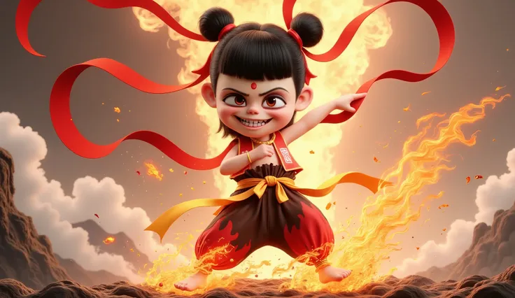 Chinese black and white ink painting,overall illustration style,nezha,A CGI image of a cute,young Asian boy with dark hair in buns,wearing a red and gold outfit with a sash,and red ribbons flowing around her. She has a wide,toothy grin and a small red dot ...