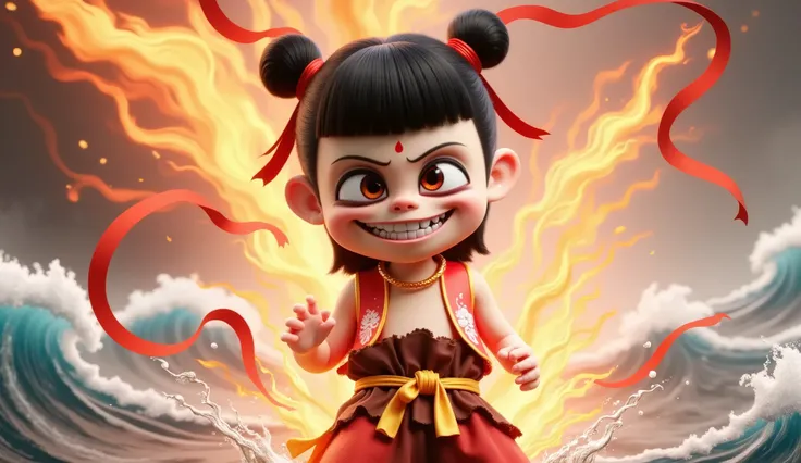 Chinese black and white ink painting,overall illustration style,nezha,A CGI image of a cute,young Asian boy with dark hair in buns,wearing a red and gold outfit with a sash,and red ribbons flowing around her. She has a wide,toothy grin and a small red dot ...