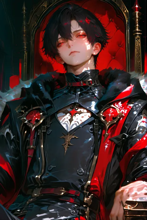 masterpiece, best quality, (Detailed Eyes: 1.2), boy, male, handsome, fantasy, red eye, shortcut black hair, semi realistic, black medieval suit with crimson color accessories, looking at viewer, emotionless face, solo character, sitting on throne
