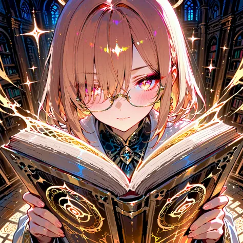 masterpiece, best quality, absurdres, highres,ultra-detailed, high-quality,A girl with glasses reads a book in the library.
She is absorbed in the book world, oblivious to the sounds around her. Her glasses emphasize her intellectual aura. Her eyes are foc...