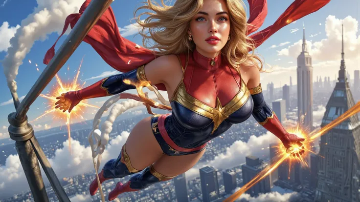 ray tracing, UHD, 16k, masterpiece, cinematic, photorealistic, award winning, marvel comics character, ms marvel, long hair, confident expression, heroic pose, flying in the air, energy effects, city skyline background, glowing energy powers, cinematic lig...