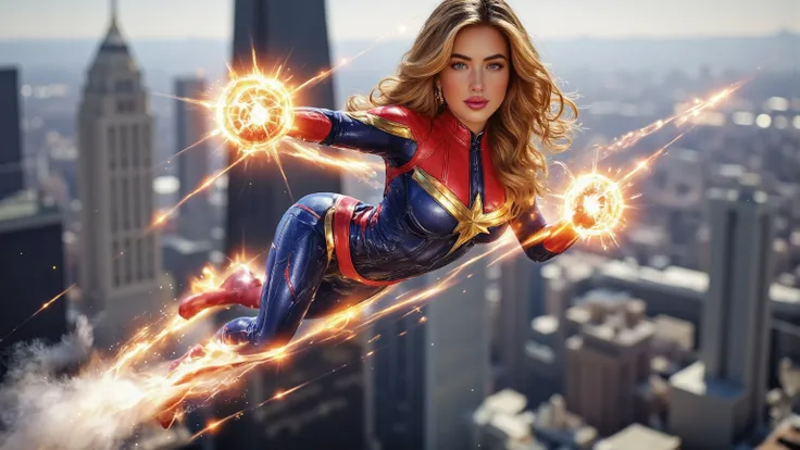ray tracing, UHD, 16k, masterpiece, cinematic, photorealistic, award winning, marvel comics character, ms marvel, long hair, confident expression, heroic pose, flying in the air, energy effects, city skyline background, glowing energy powers, cinematic lig...