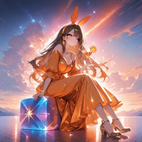 masterpiece, best quality, absurdres, highres,full body shot, one girl,Fantastic landscape ,Sparkling jewels ,Sitting and drinking a cocktail,Rabbit headband, Bright orange long dress, brown hair, Long hair, smile,long eyelashes, ultra-detailed, high-qual...