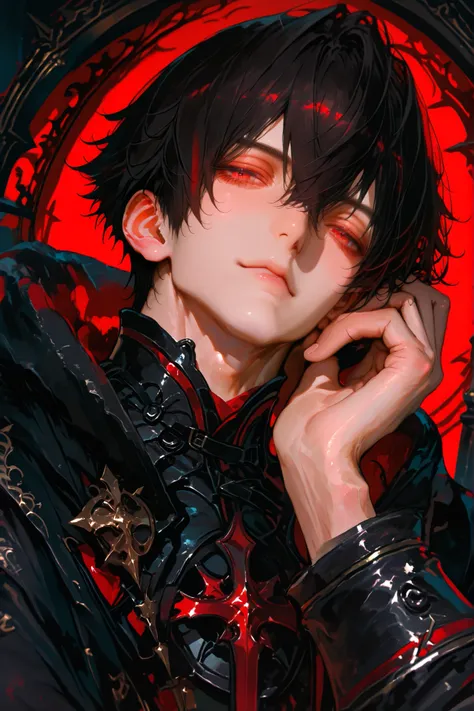 masterpiece, best quality, (Detailed Eyes: 1.2), boy, male, handsome, fantasy, red eye, shortcut black hair, semi realistic, black medieval suit with crimson color accessories, looking at viewer, emotionless face, solo character, resting him chin on the ri...