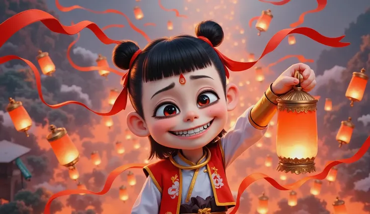 Nezha smiles at the camera while holding Kong Ming Lantern in her hand(masterpiece:1.2,Exceptional Quality,mirror-like,Cinematic Experience),8k,wallpaper,(Shooting from above:2.0),(Countless lanterns released into the night sky:2.0),(Diffuse reflection of ...