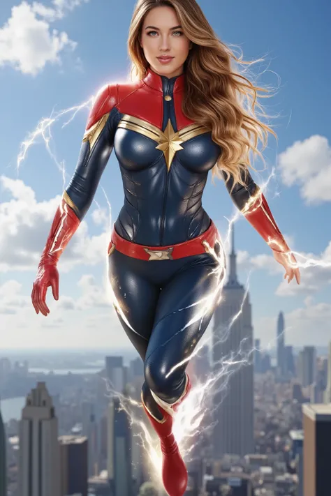 ray tracing, UHD, 16k, masterpiece, cinematic, photorealistic, award winning, marvel comics character, ms marvel, long hair, confident expression, heroic pose, flying in the air, energy effects, city skyline background, glowing energy powers, cinematic lig...