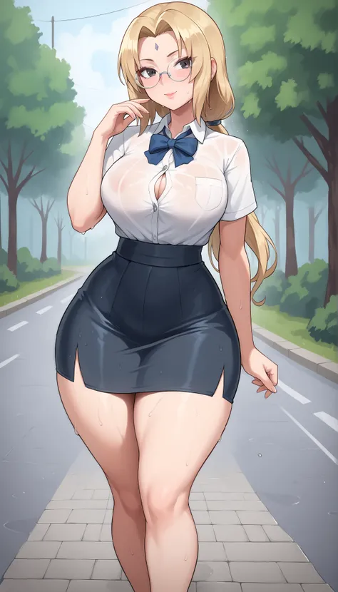 Score_9, score_8_up, score_7_up, score_6_up, score_5_up, masterpiece, best quality, amazing quality, detailed quality, high quality, absurdres, stunning quality, newest, HD, UHD, 1 girl, Tsunade, solo, blonde hair, long hair, curvy body, voluptuous, massiv...