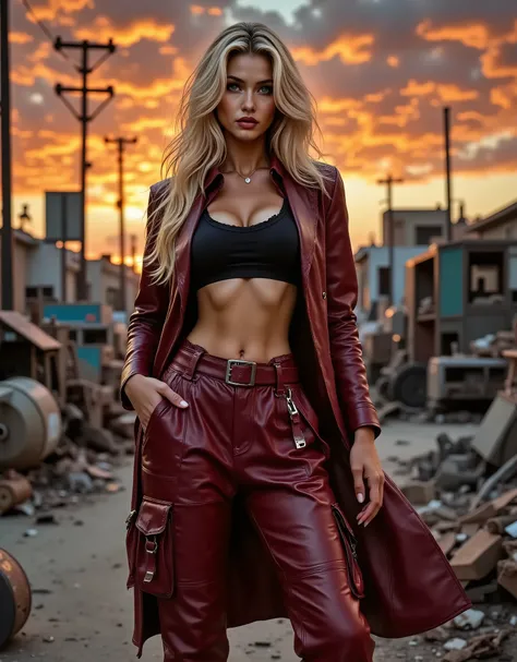 woman, 5'5" tall, wearing a wine red leather trench coat, a black tank top and wine red leather oversized baggy cargo pants with many pockets, posing in a mad max style junkyard, colorful twilight sunset clouds