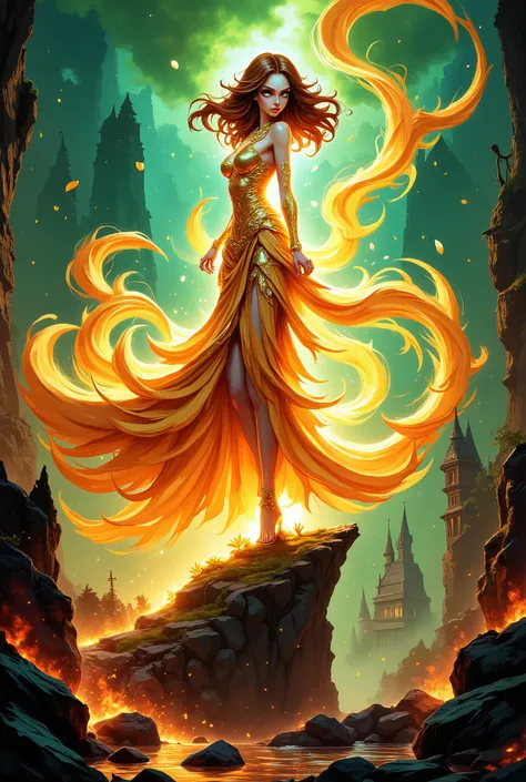 A beautiful girl with gorgeous hair, charming appearance and beautiful facial features, sexy figure and Beautiful body structure, sorceress, Dressed in a golden outfit with sparkling silver dust particles, the outfit itself is unusual lush with wavy layers...