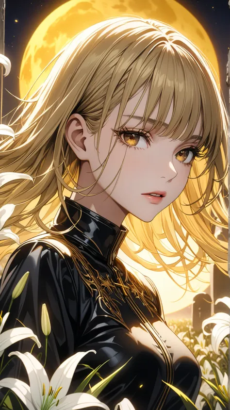 ((( brown eyes , brown eyes color, brown eyess )))
beautiful blonde, neck , long hair slightly curly , brown eyess with golden veins , long eyelashes , black denim short jacket , high-waisted black jeans , ( masterpiece fails ), high quality,...