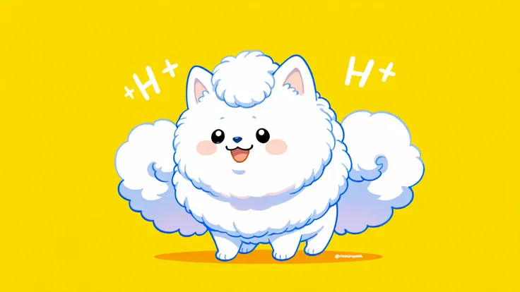 White pomeranian, standing on two legs, cute, humorous, smiling, simple background