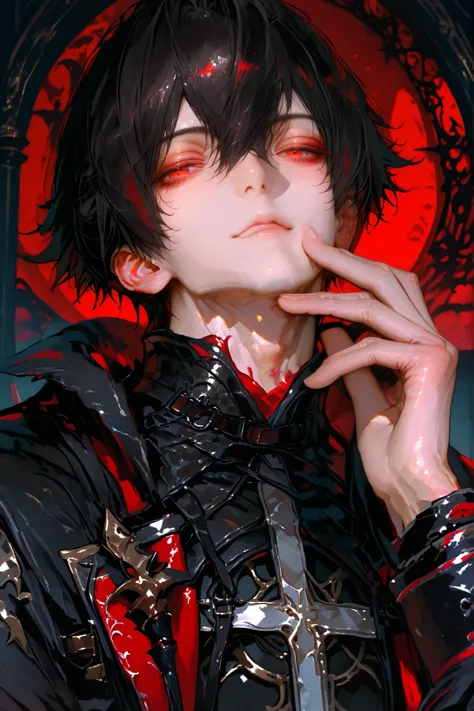 masterpiece, best quality, (Detailed Eyes: 1.2), boy, male, fantasy, red eye, black hair, semi realistic, black medieval suit with crimson color accessories, looking at viewer, emotionless face, solo character, resting him chin on the right hand