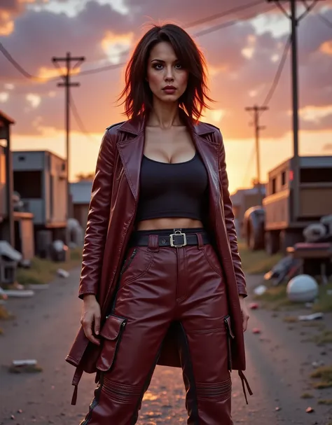 woman, 5'5" tall, wearing a wine red leather trench coat, a black tank top and wine red leather oversized baggy cargo pants with many pockets, posing in a mad max style junkyard, colorful twilight sunset clouds