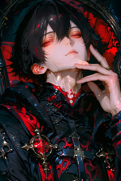 masterpiece, best quality, **Detailed Eyes**, boy, male, fantasy, red eye, black hair, semi realistic, black medieval suit with crimson color accessories, looking at viewer, emotionless face, solo character, resting him chin on the right hand, sitting on t...
