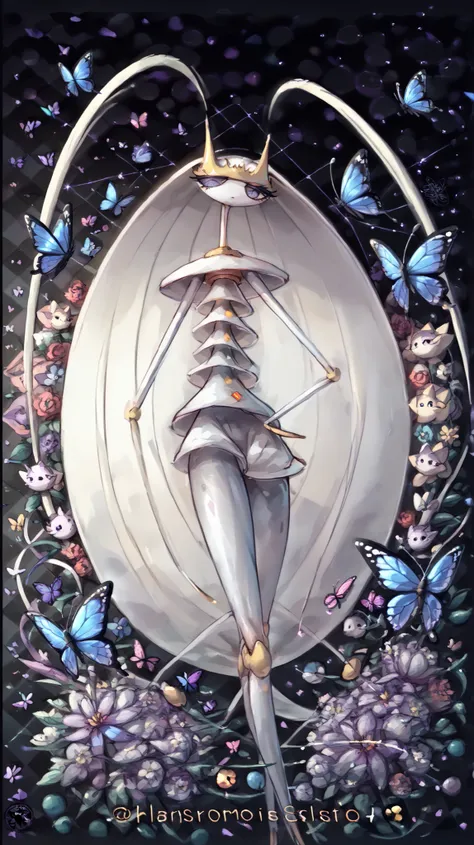 beatiful face, feet,best quality,tonemapping, sharp focus, hyper detailed,(pheromosa),best quality,beautiful,pokemon,(2 fingers),(Clear eyes),solo,detaileds,8K,(slender:1.3),wallpaper,jumping kick,{Colorful butterflies with gorgeous ornaments and flowers o...