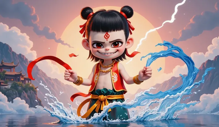 Nezha, the young God of War, merges traditional mythology with cyber aesthetics, showcasing an awakened state where divinity and demonic nature intertwine. His eyes reveal the sharpness of millennia of cultivation, a slight smirk hinting at a rebellious an...
