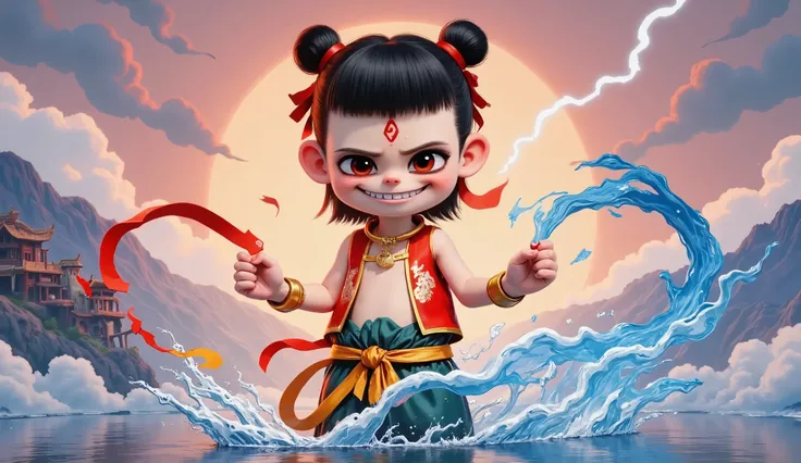 Nezha, the young God of War, merges traditional mythology with cyber aesthetics, showcasing an awakened state where divinity and demonic nature intertwine. His eyes reveal the sharpness of millennia of cultivation, a slight smirk hinting at a rebellious an...