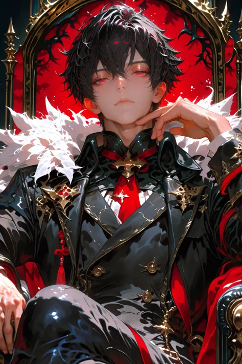 masterpiece, best quality, (Detailed Eyes: 1.2), boy, male, handsome, fantasy, red eye, black hair, semi realistic, black medieval suit with crimson color accessories, looking at viewer, emotionless face, solo character, resting him chin on the right hand,...