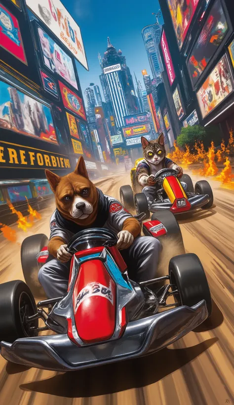 masterpiece, Best Quality, details, 猫犬バトル, Kazuo Umezu's master piece, a dog and a cat are racing go-karts
