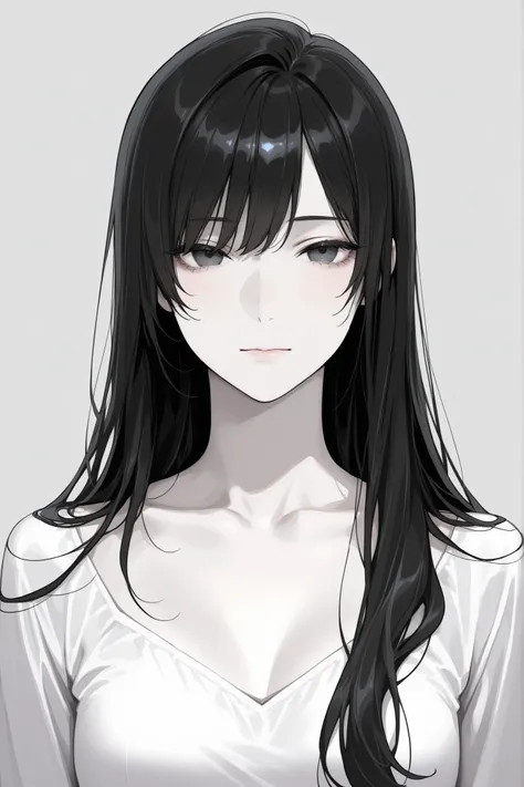 A cute girl with a pale skin color, long black hair, soft eyes and a heavenly color
