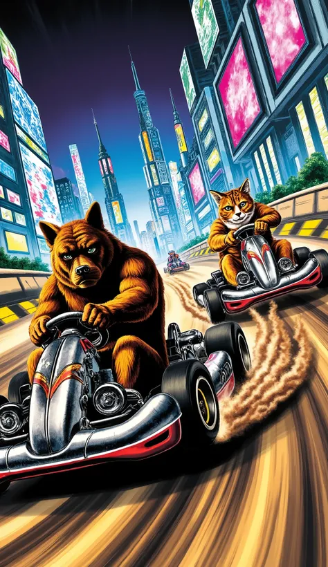 masterpiece, Best Quality, details, 猫犬バトル, Kazuo Umezu's master piece, a dog and a cat are racing go-karts