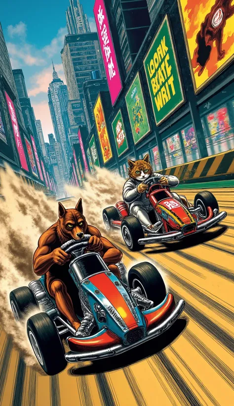 masterpiece, Best Quality, details, 猫犬バトル, Kazuo Umezu's master piece, a dog and a cat are racing go-karts