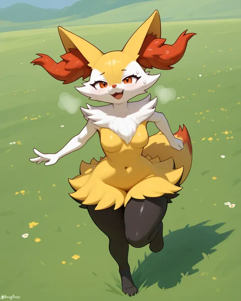 alone, score_9,score_8_up,score_7_up, anthro female braixen, POV, field, running free, smiling, sweating, rubor, black leggins, thicc thighs, full body, smile, 3D