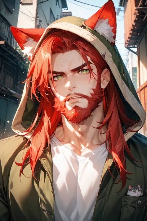 Character: solo, 1boy, cat-boy, demi-human, adult, cat eyes, green eyes ((Eyes with high detail, no defects, pupils of equal size)), stern, old, daddy, manly, red beard, lush beard, big beard, long beard, facial hair, facial wrinkles, full lips, red hair, ...