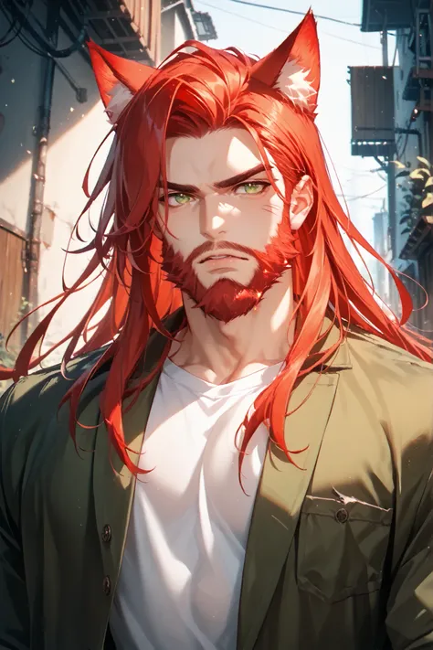 Character: solo, 1boy, cat-boy, demi-human, adult, cat eyes, green eyes ((Eyes with high detail, no defects, pupils of equal size)), stern, old, daddy, manly, red beard, lush beard, big beard, long beard, facial hair, facial wrinkles, full lips, red hair, ...