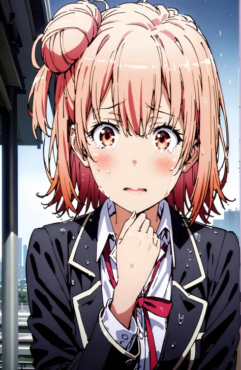 yuiyuigahama, Yuigahama Yui , short hair, brown eyes in the oral vagina, pink hair, hair bun, single hair bun,blush,close your mouth,skirt, shirt, ribbon, uniform, jacket, white shirt, black jacket, blazer, sobu high uniform,streaming tears, crying, tea...
