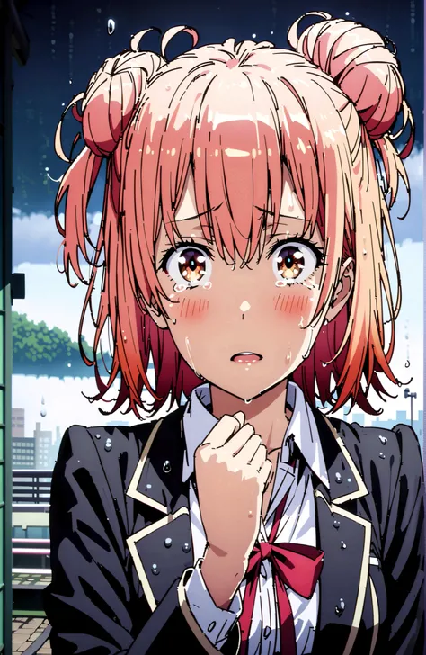 yuiyuigahama, Yuigahama Yui , short hair, brown eyes in the oral vagina, pink hair, hair bun, single hair bun,blush,close your mouth,skirt, shirt, ribbon, uniform, jacket, white shirt, black jacket, blazer, sobu high uniform,streaming tears, crying, tea...